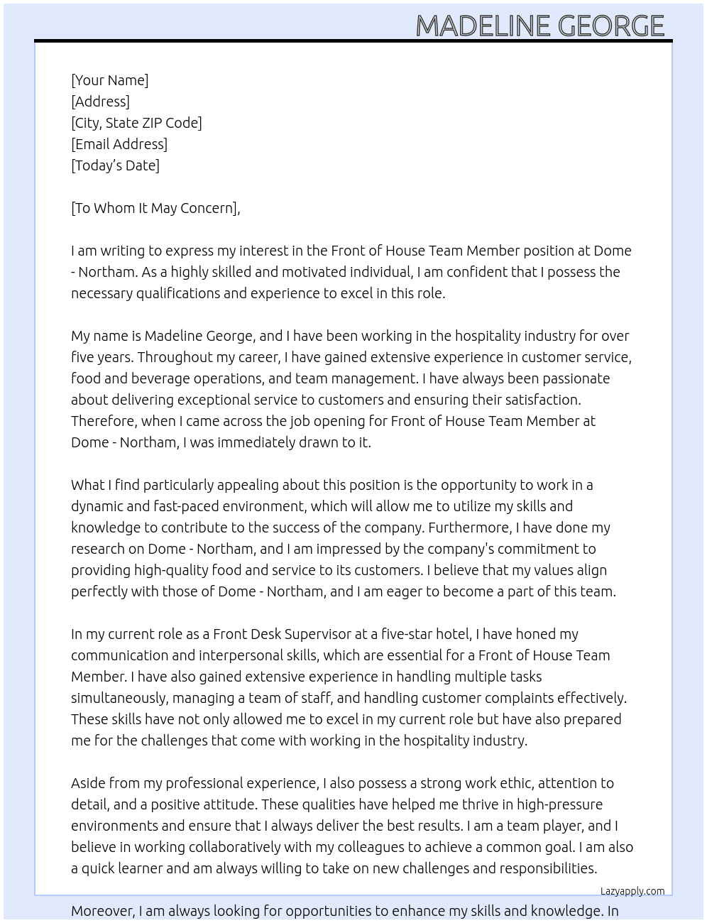 Front of House Team Member  At Dome - Northam  Cover Letter