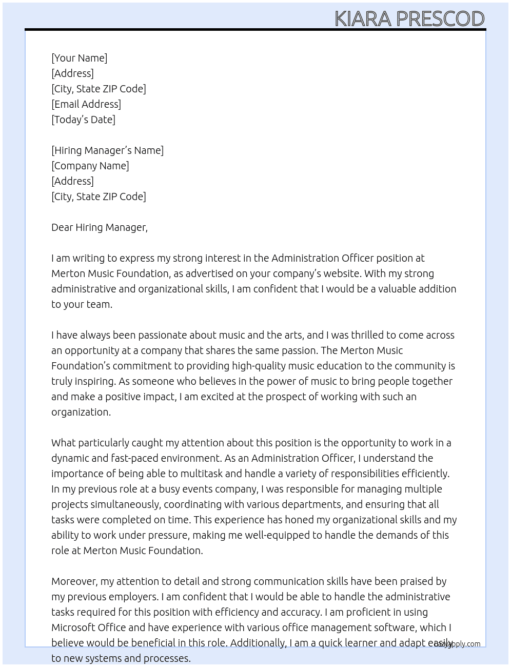 Administration Officer At Merton Music Foundation  Cover Letter