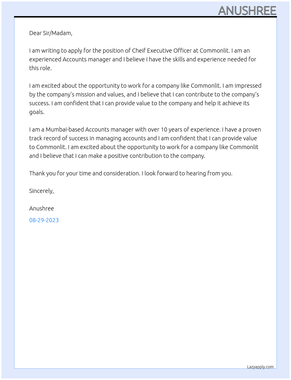 Cheif executive officer  At Commonlit Cover Letter