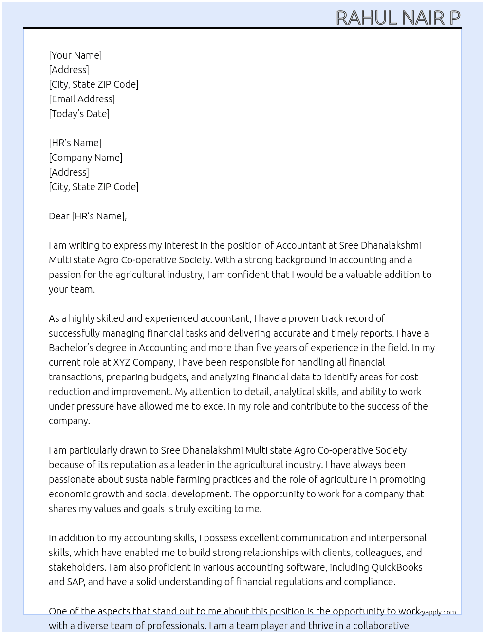 Accountant  At Sree Dhanalakshmi Multi state Agro Co- operative Society  Cover Letter