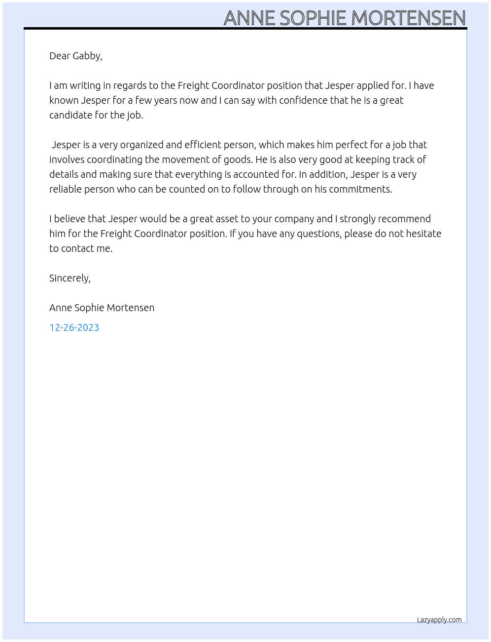 Freight Coordinator At Gabby Cover Letter