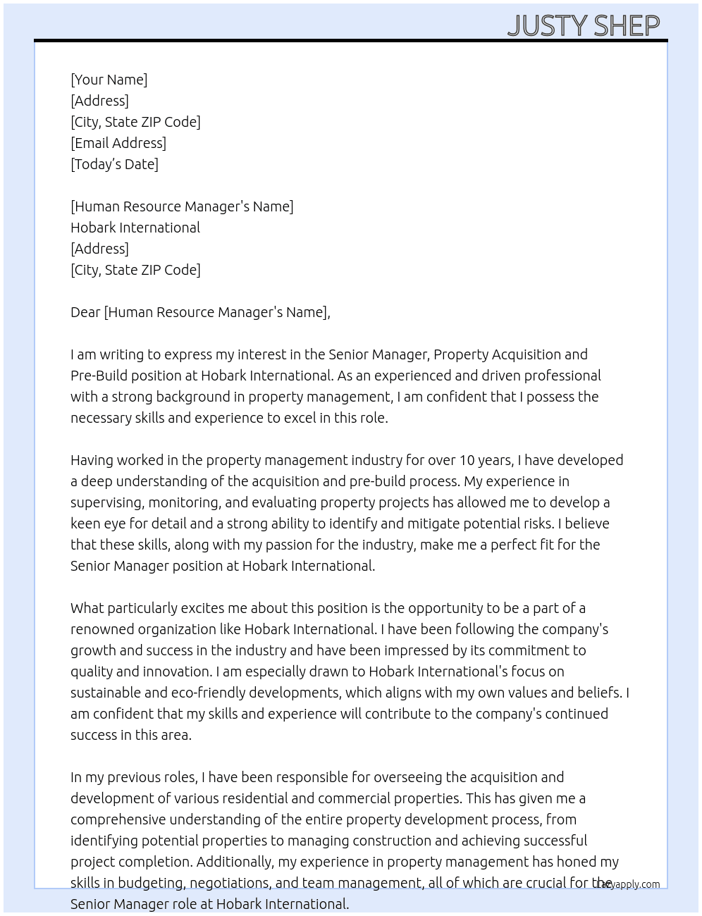 Senior Manager,Property Acquisition and Pre-Build At Hobark International  Cover Letter