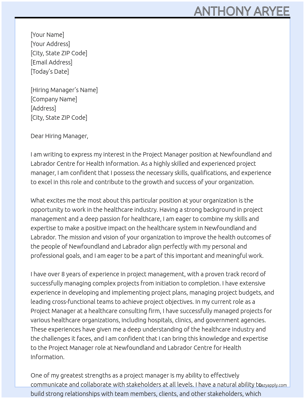 Project Manager At Newfoundland and Labrador Centre for Health Information Cover Letter