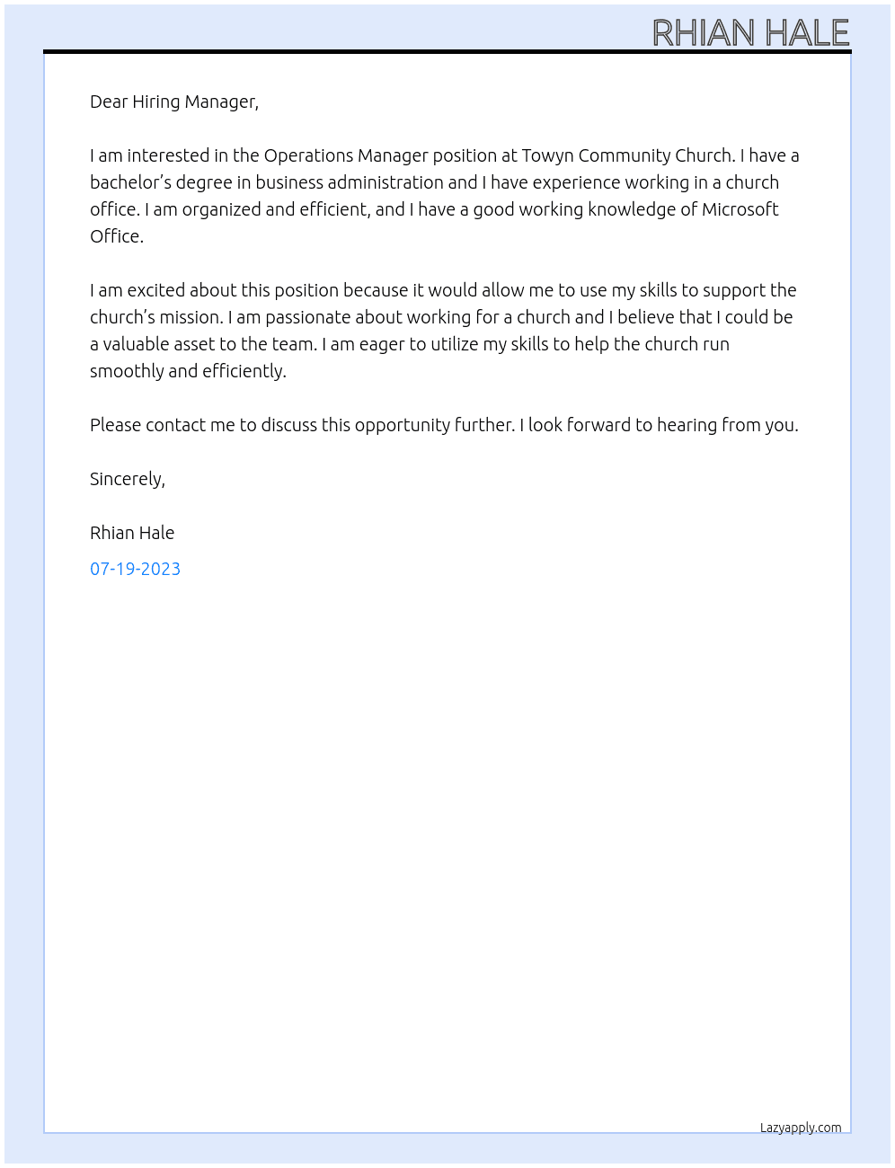 Operations Manager  At Towyn Community Chruch Cover Letter