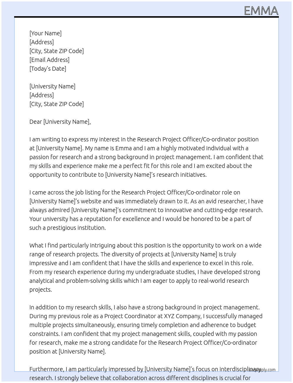 Cover letter for research project officer/co-ordinator - LazyApply