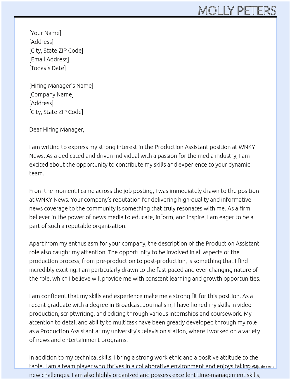 Production Assistant At WNKY News Cover Letter