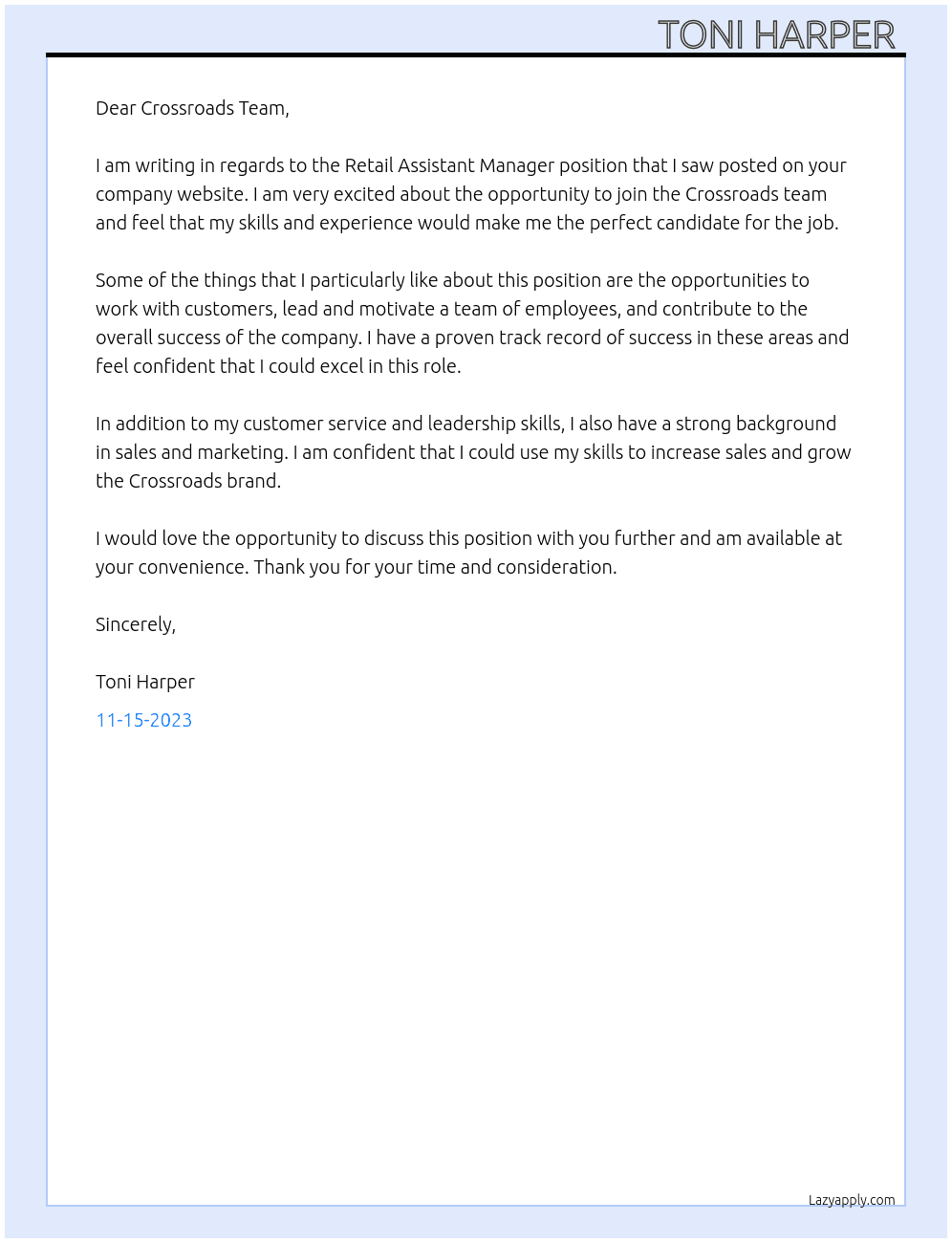 Retail Assistant Manager  At Crossroads trading co Cover Letter