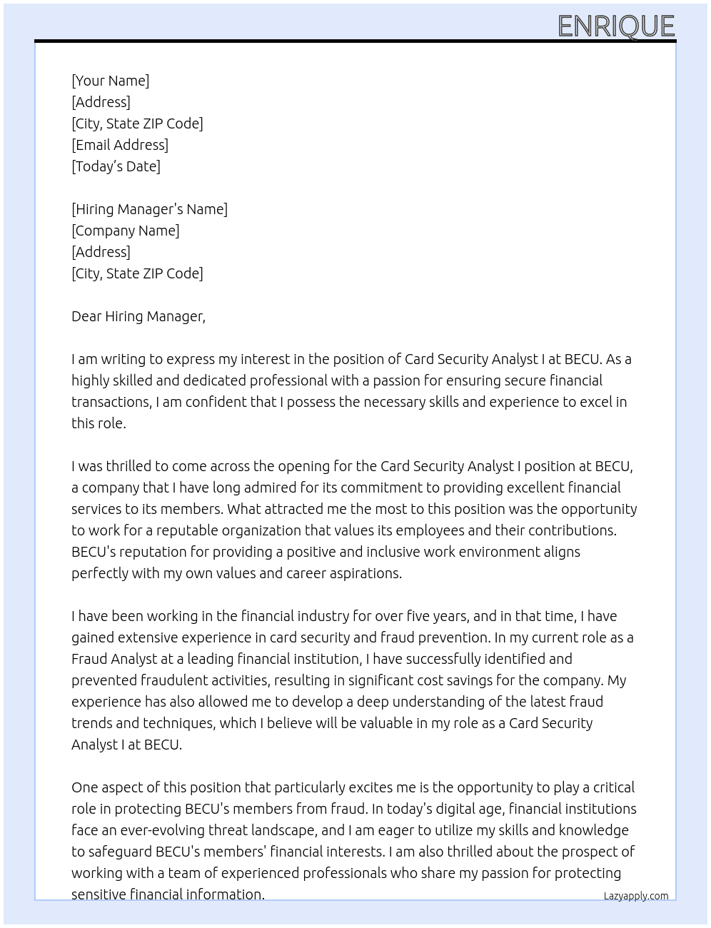 Card Security Analyst I Apply At BECU Cover Letter