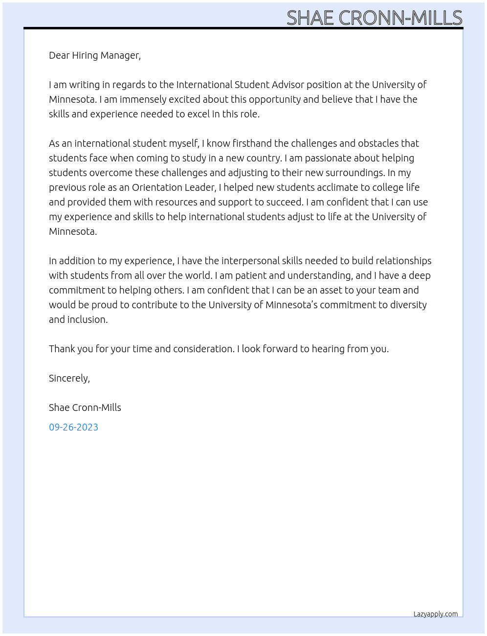International Student Advisor At University of Minnesota Cover Letter