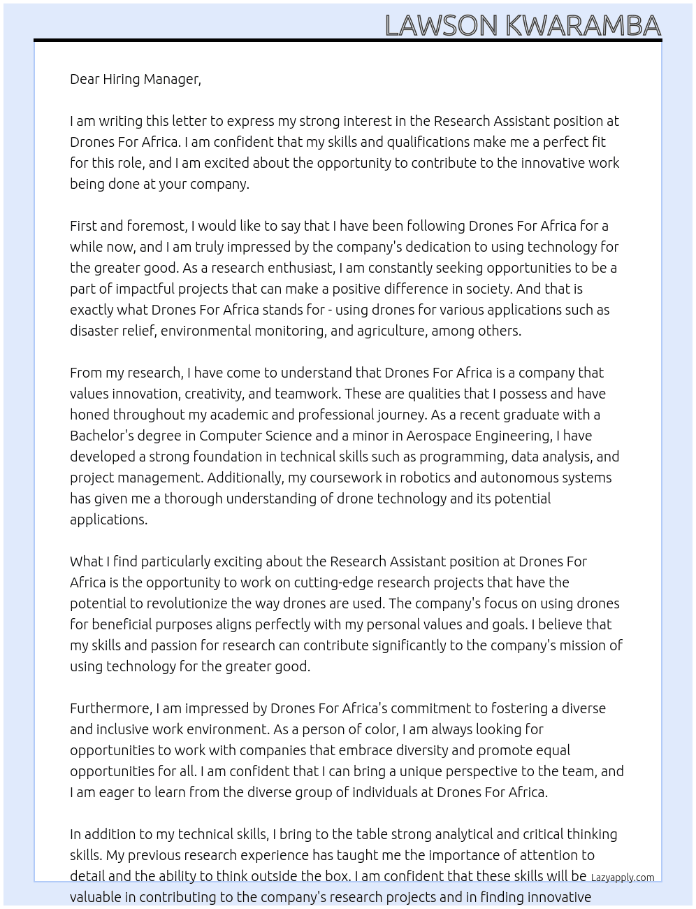 Research Assistant At Drones For Africa Cover Letter