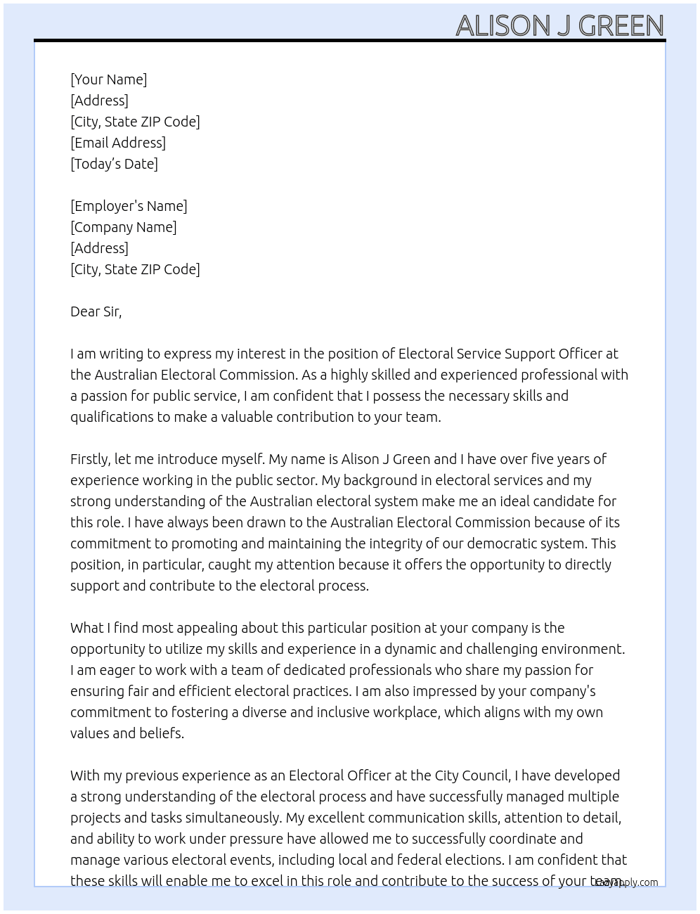 electoral service support officer At Australian Electoral commission Cover Letter