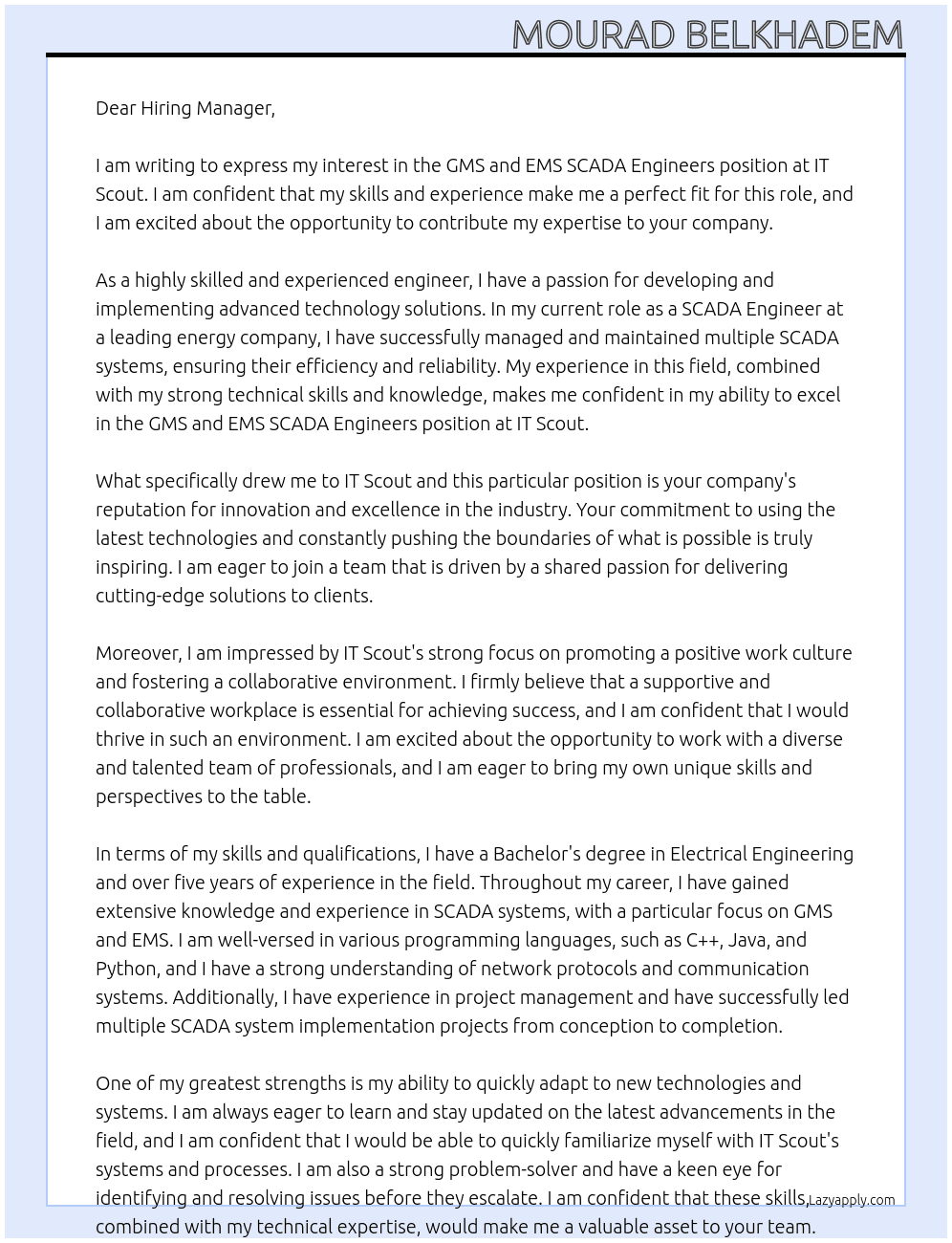 GMS and EMS SCADA Engineers At it scout Cover Letter