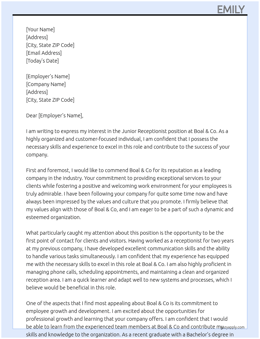 Junior receptionist  At Boal & Co Cover Letter