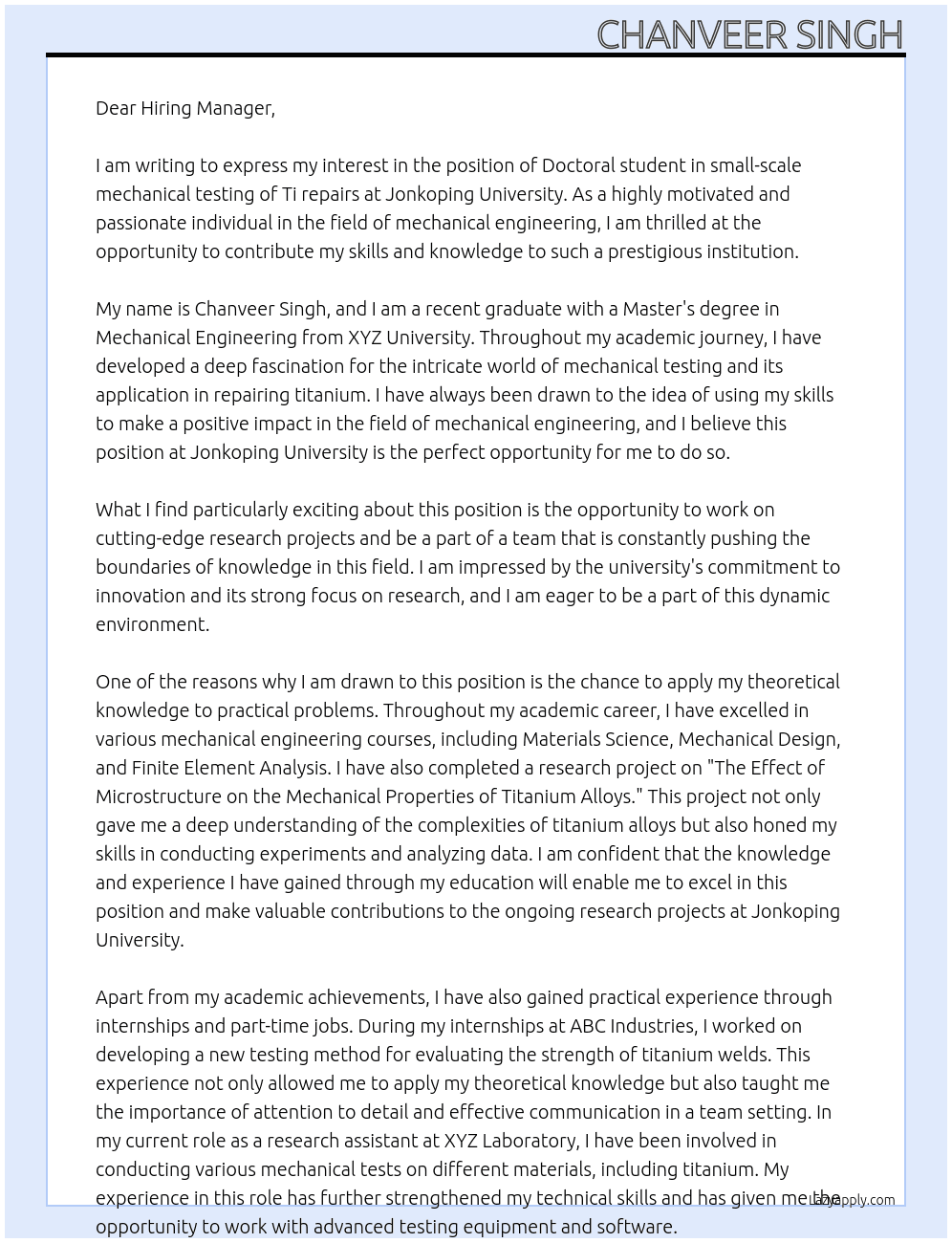 Doctoral student in small-scale mechanical testing of Ti repairs At Jonkoping University Cover Letter