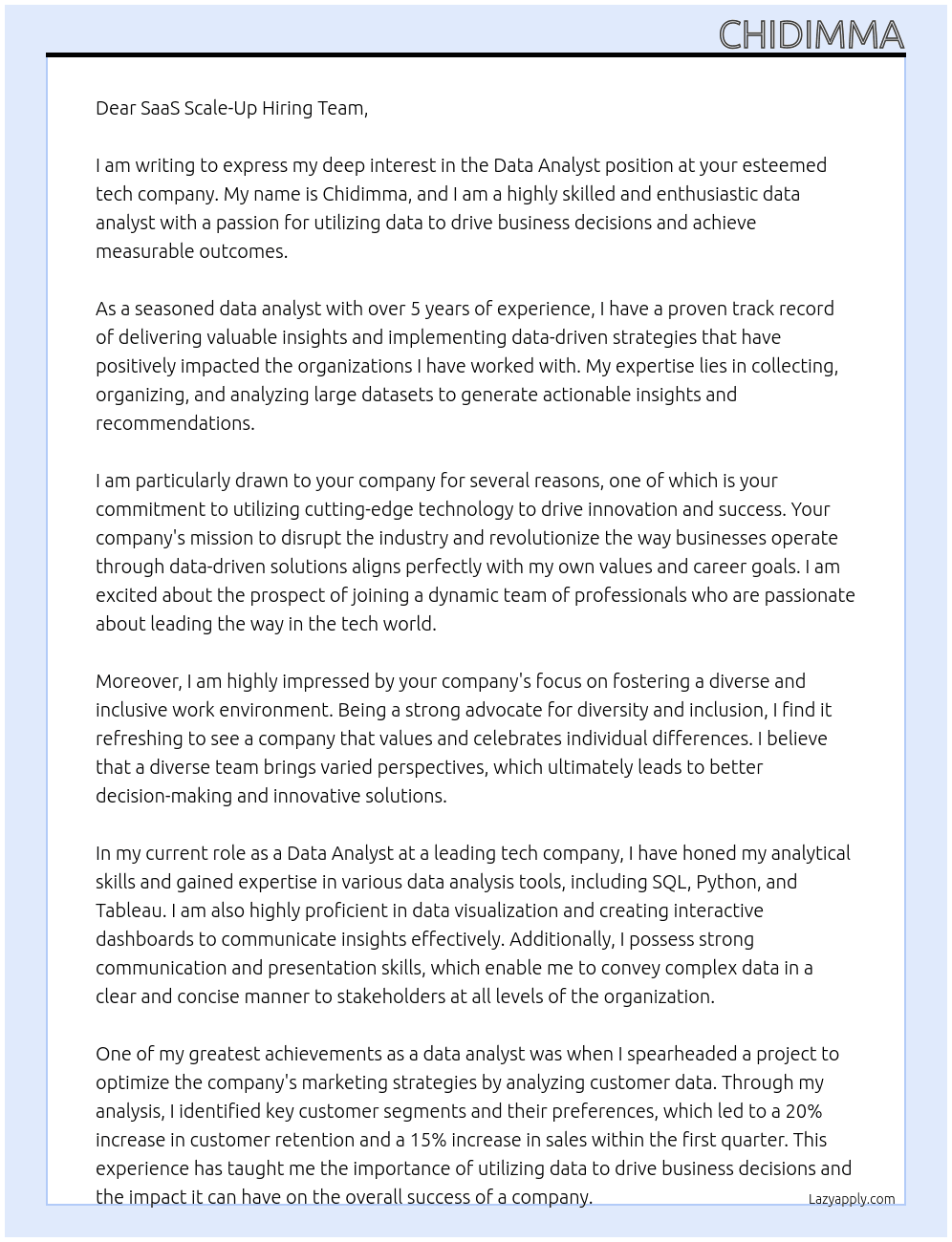 Data Analyst At Tech company Cover Letter