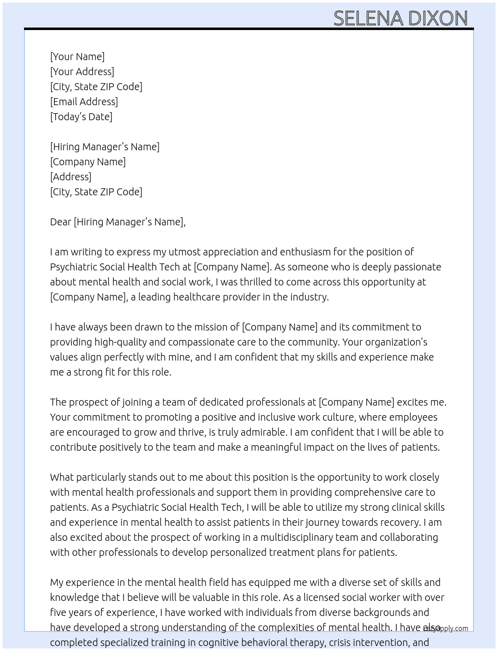 Psychiatric social health tech  At Nychhc Cover Letter