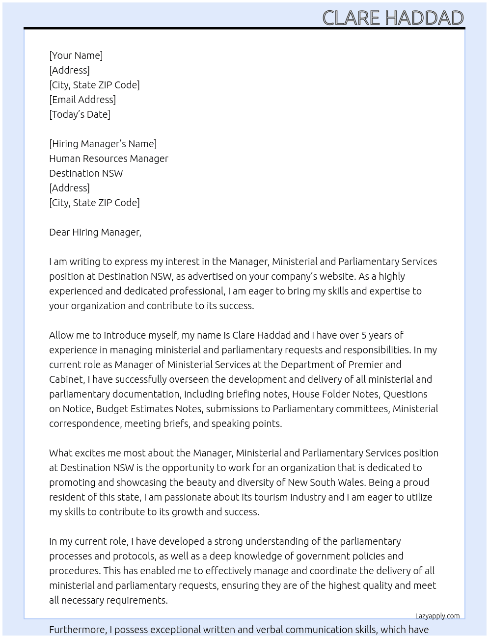 Manager, Ministerial and Parliamentary Services  At Destination NSW Cover Letter
