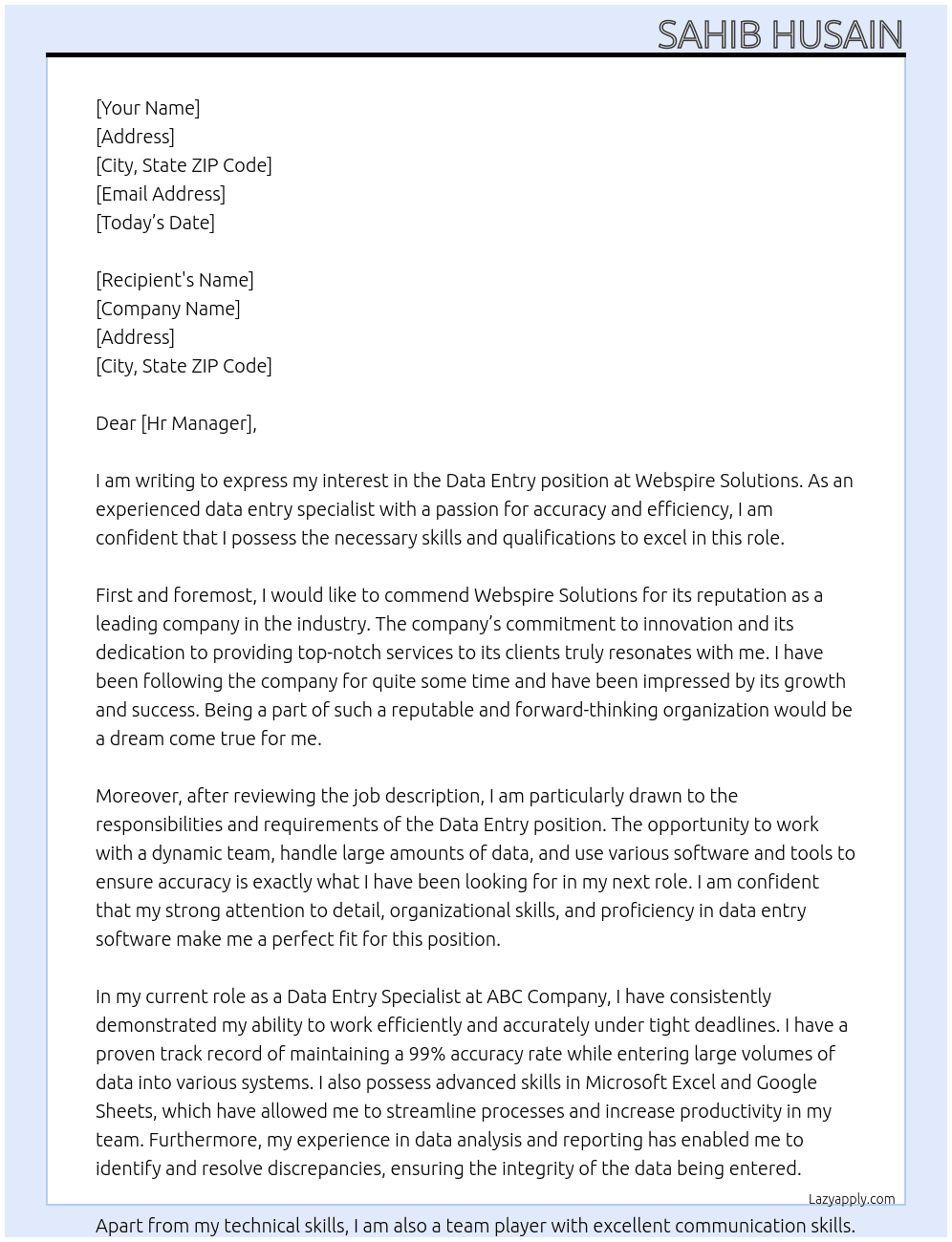 data Entry At Webspire Solutions Cover Letter
