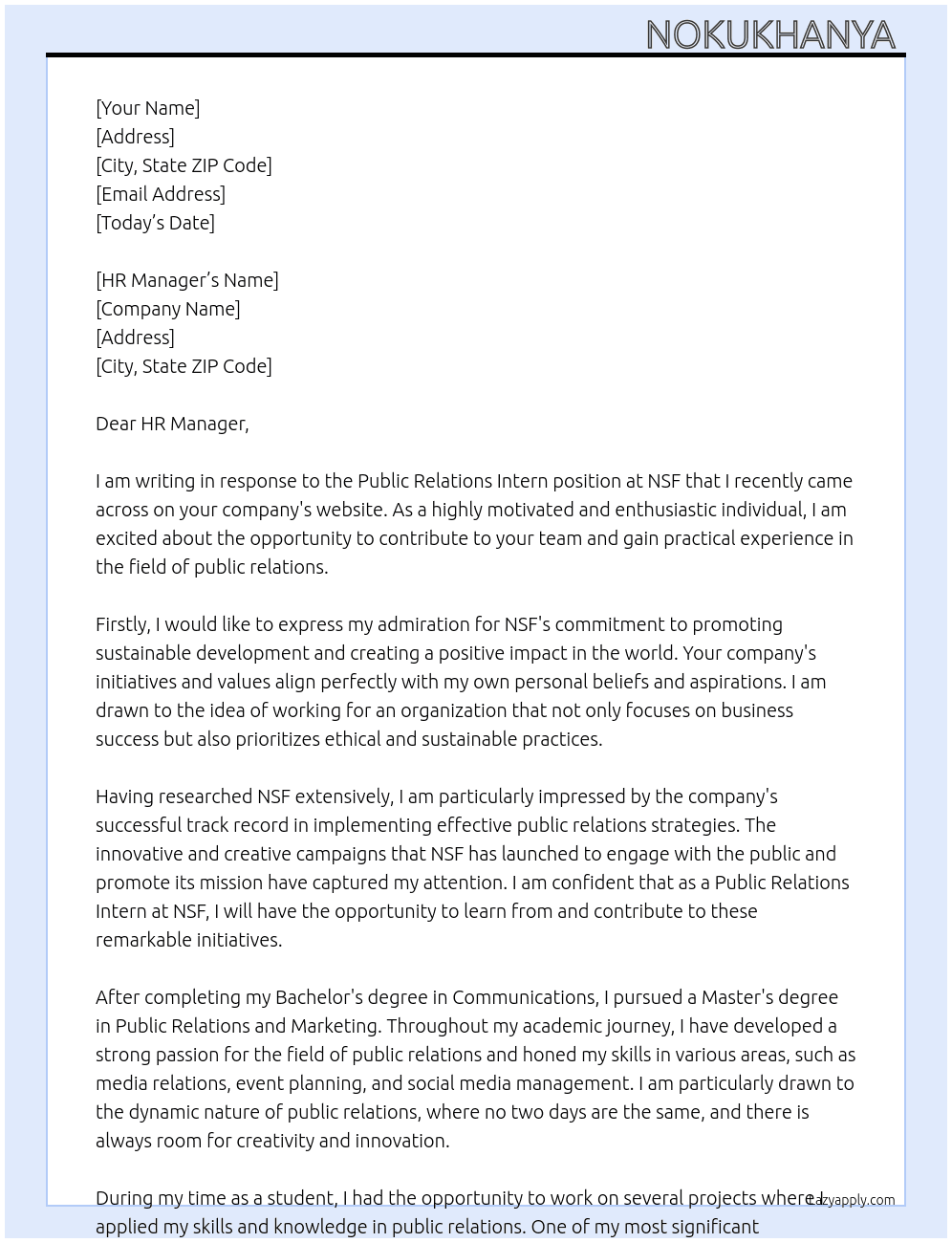 Public Relations Intern  At NSF Cover Letter
