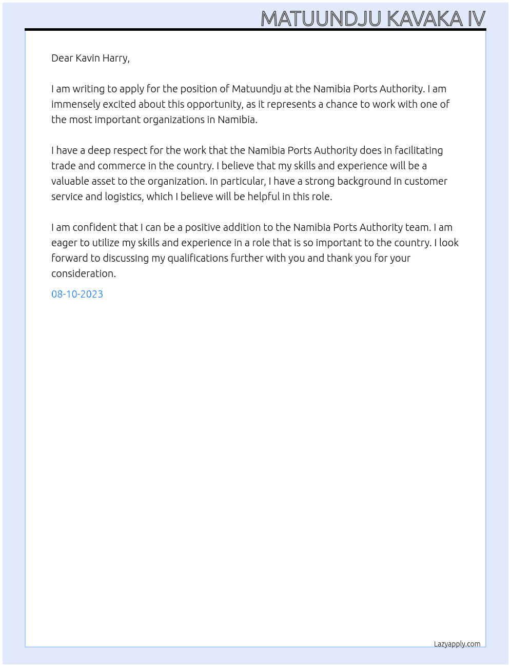 Matuundju At Namibia Ports Authority Cover Letter