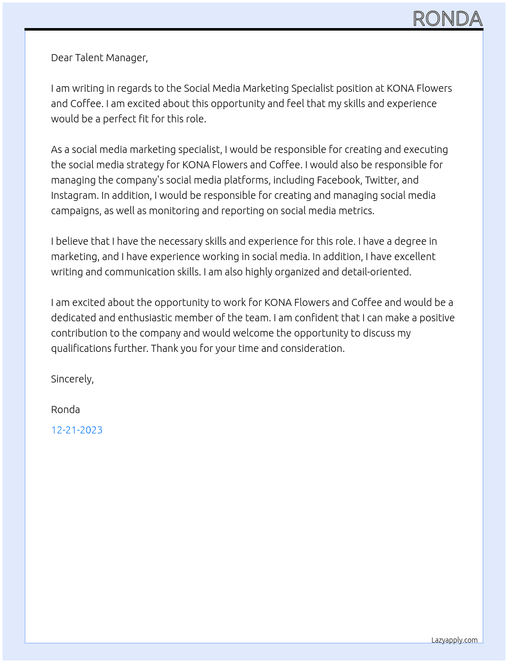Social Media Marketing Specialist At KONA Flowers and Coffee Cover Letter