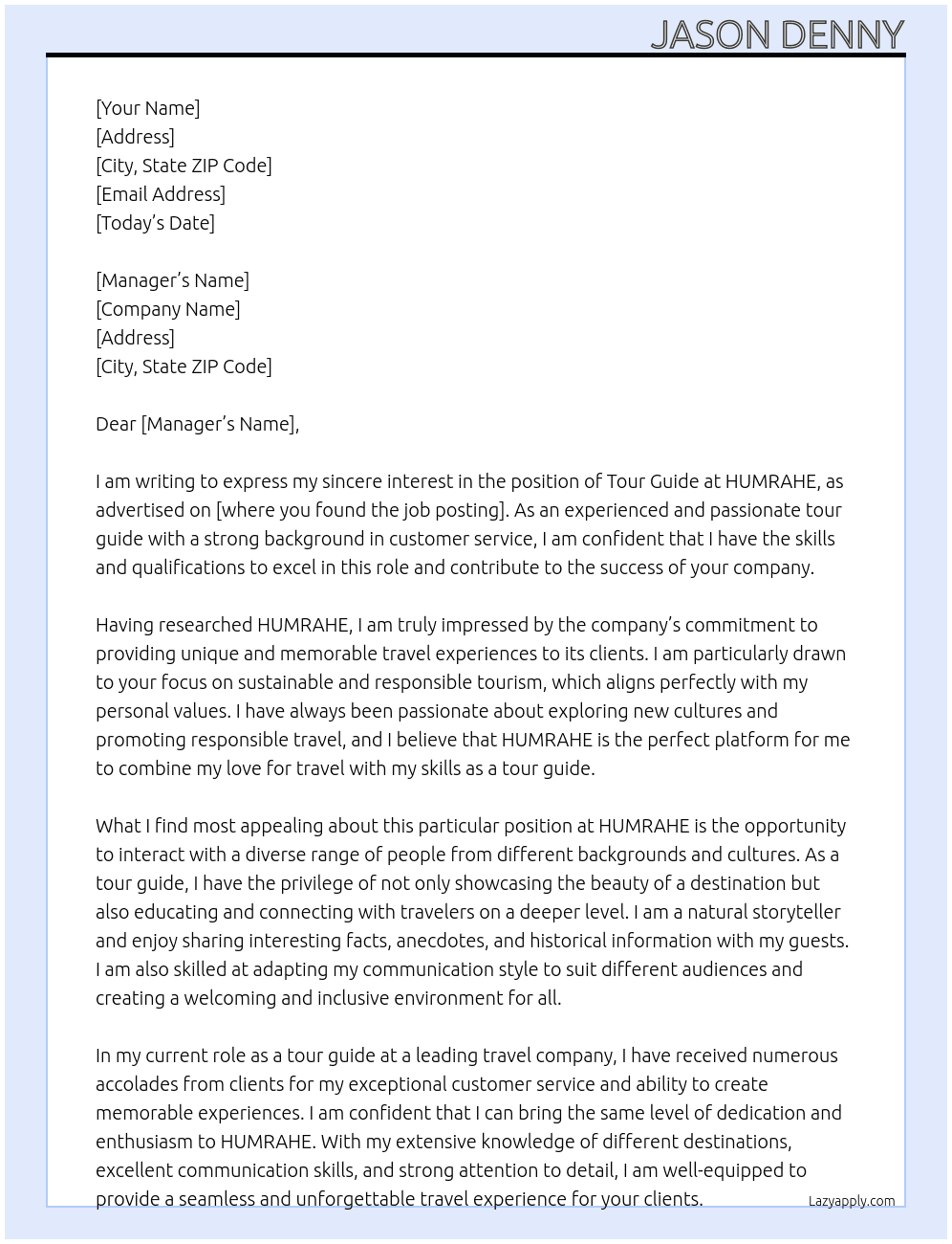 tour guide At HUMRAHE Cover Letter