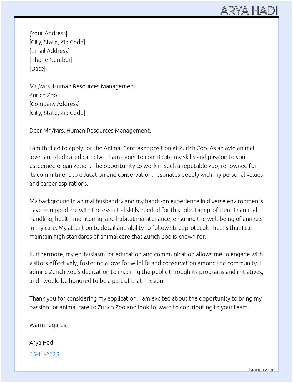 Animal Caretaker At Zurich Zoo Cover Letter
