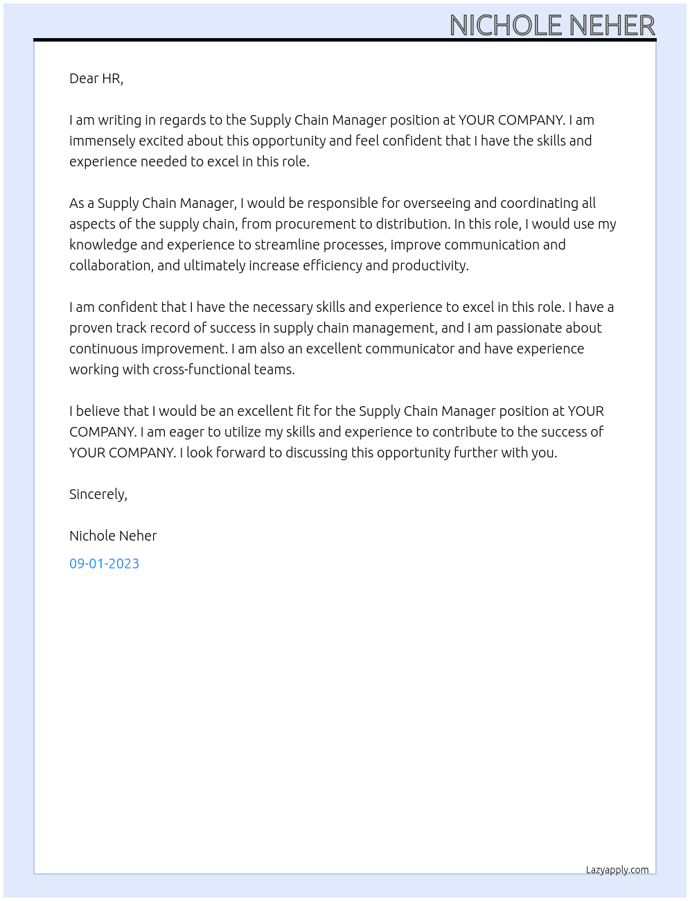 Supply Chain Manager At YOUR COMPANY Cover Letter