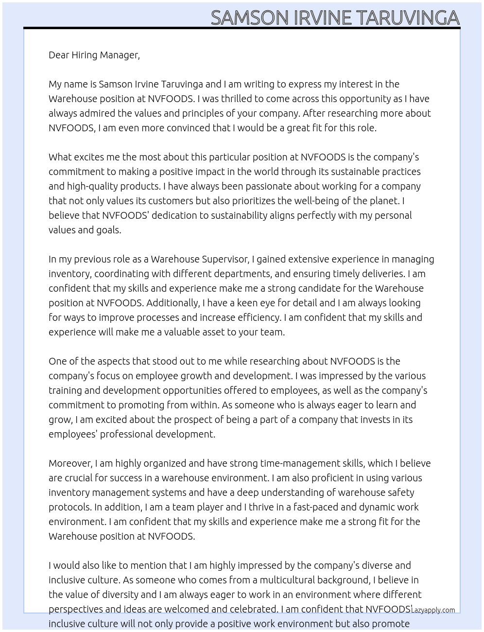 warehouse At NVFOODS Cover Letter