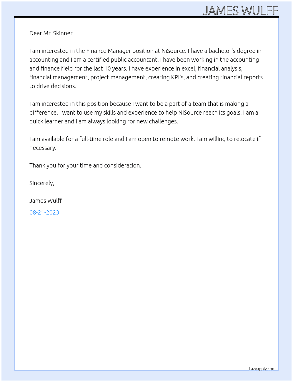 Finance Manager At NiSource Cover Letter