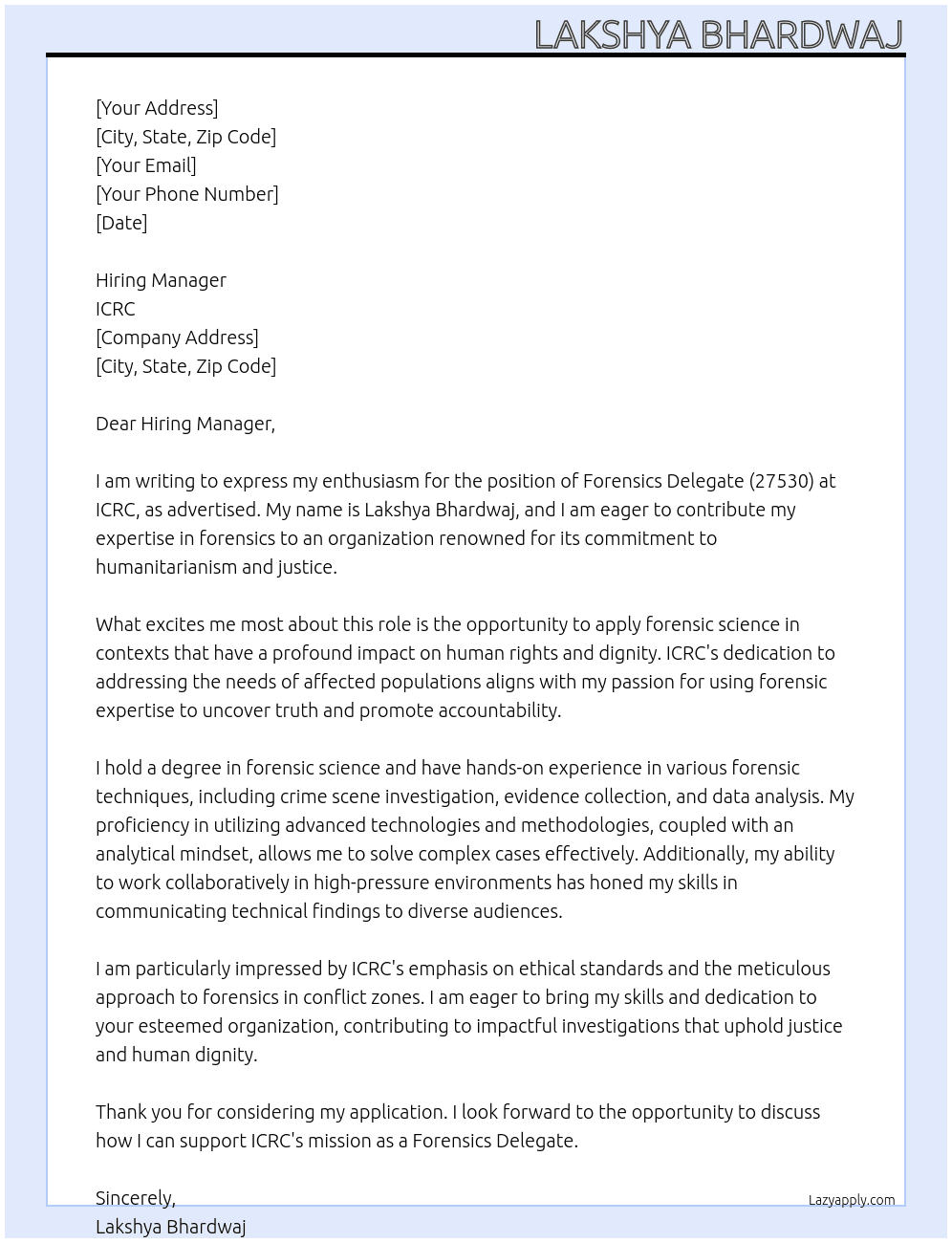 Forensics Delegate (27530) At ICRC Cover Letter