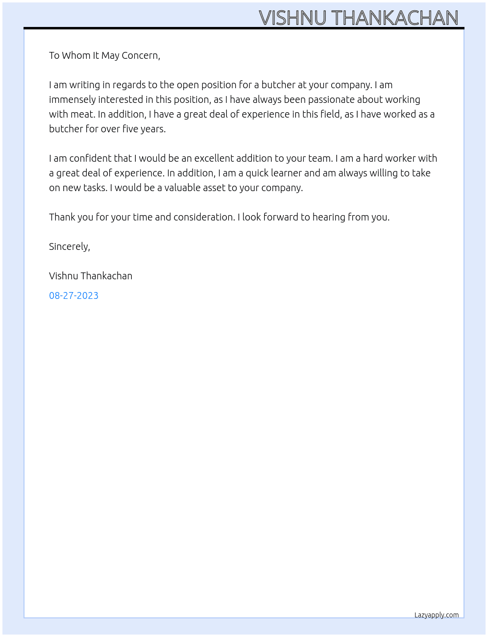 Butcher At Meat industry  Cover Letter