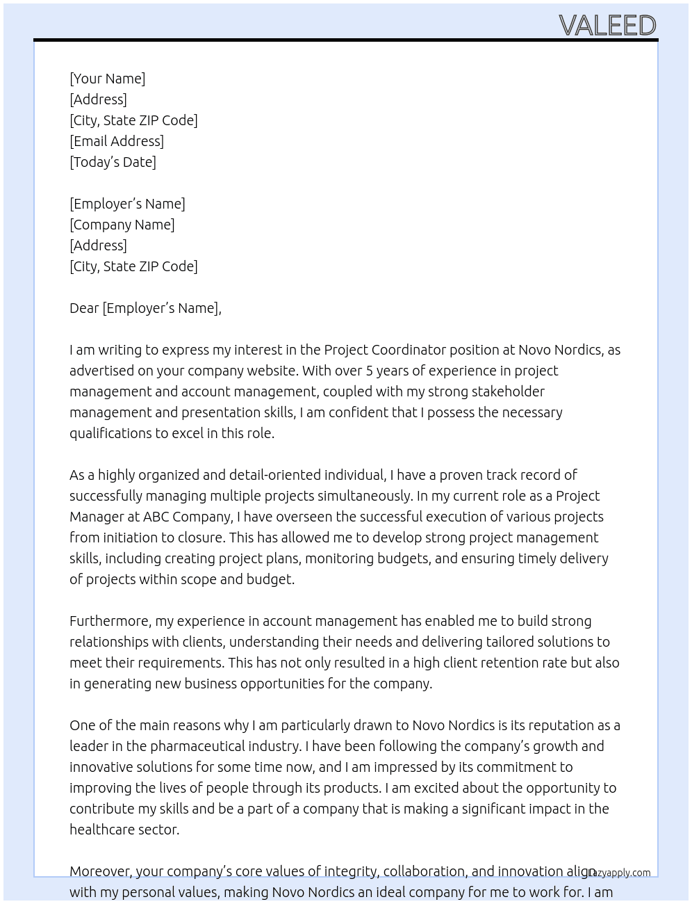 Project coordinator  At Novo nordics Cover Letter