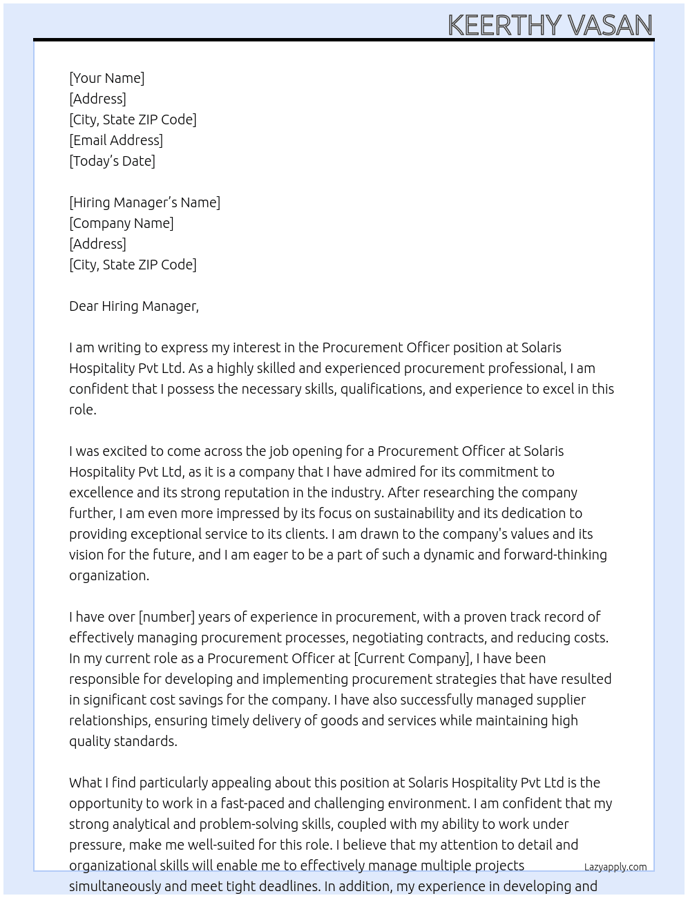 Procurement officer At Solaris Hospitality Pvt Ltd Cover Letter