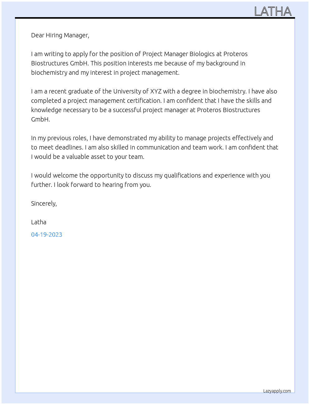 Project Manager Biologics At proteros biostructures gmbh Cover Letter