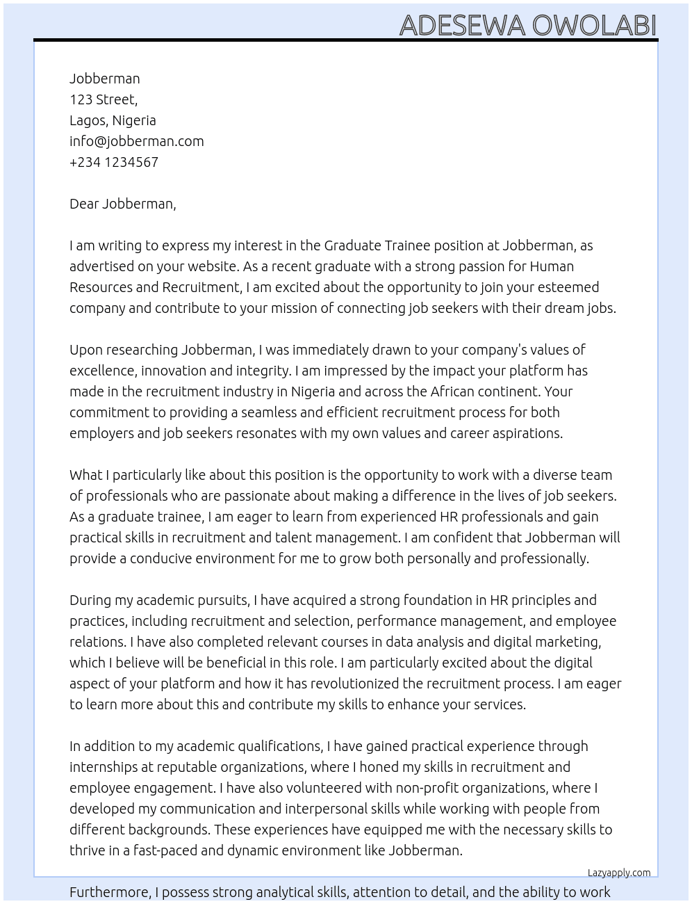 Graduate trainee At Jobberman Cover Letter