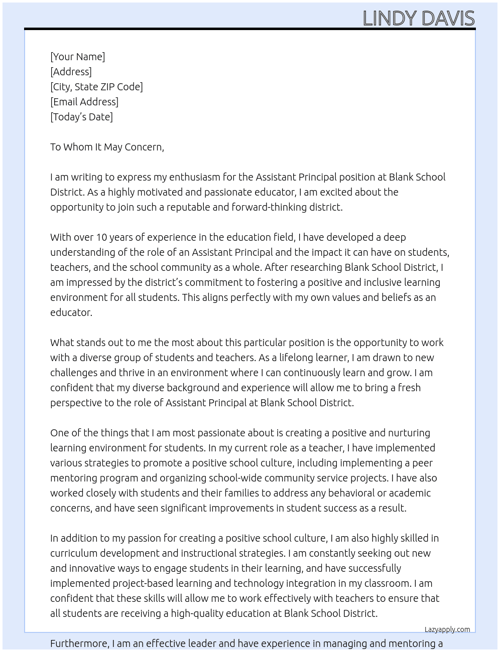 Assistant Principal At Blank School District Cover Letter