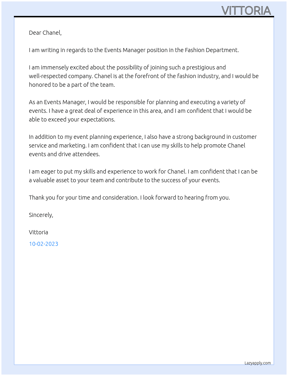 Events Manager Fashion Department  At Chanel Cover Letter