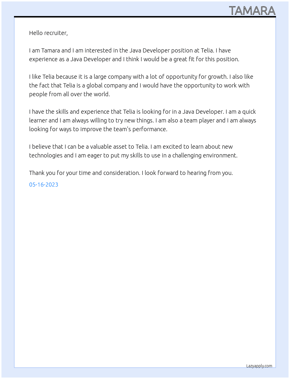 Java Developer At Telia Cover Letter
