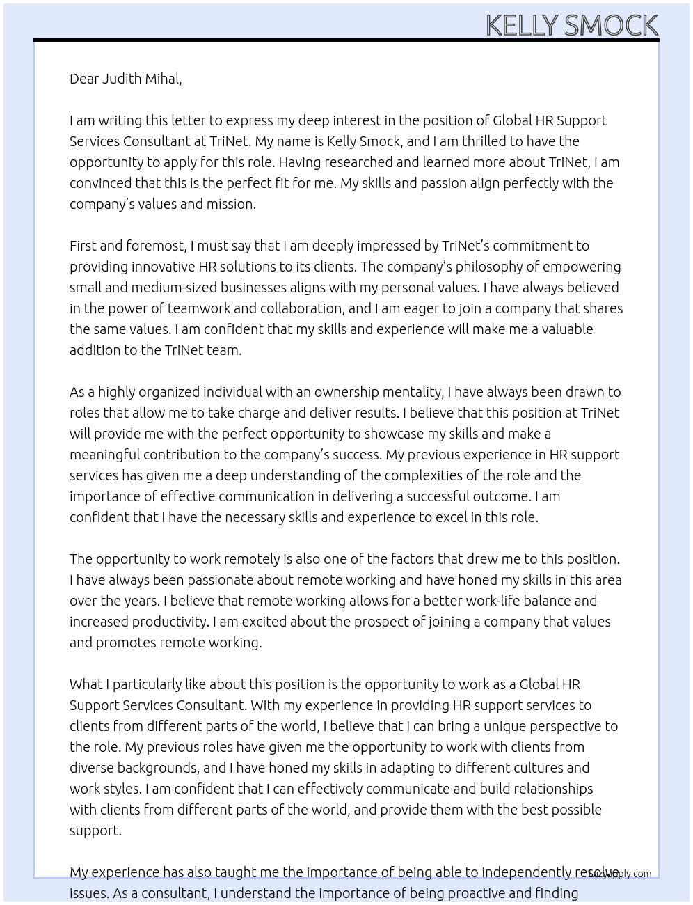 Global HR Support Services Consultant At TriNet  Cover Letter