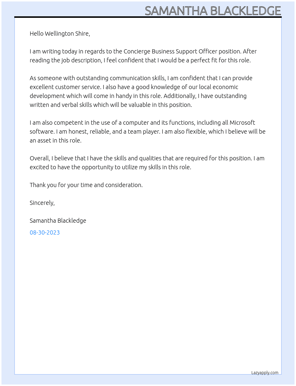 Concierge Business Support Officer At Wellington Shire Cover Letter