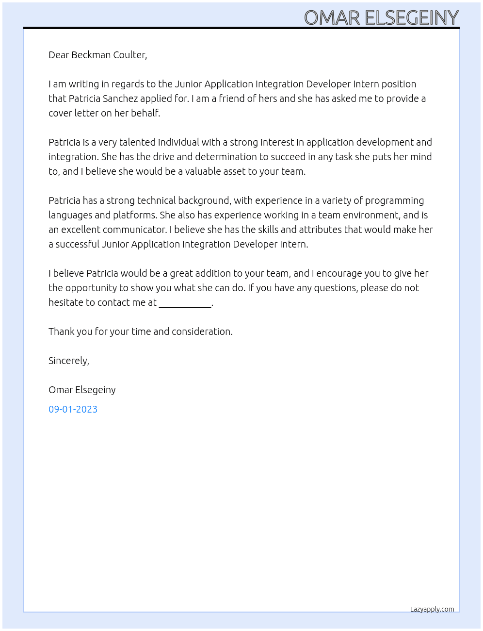 Jr Application Integration Developer Intern At Beckman Coulter Cover Letter