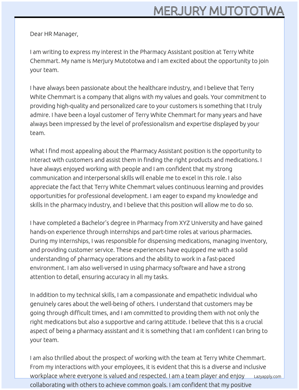 Pharmacy Assistant At Terry White Chemmart Cover Letter