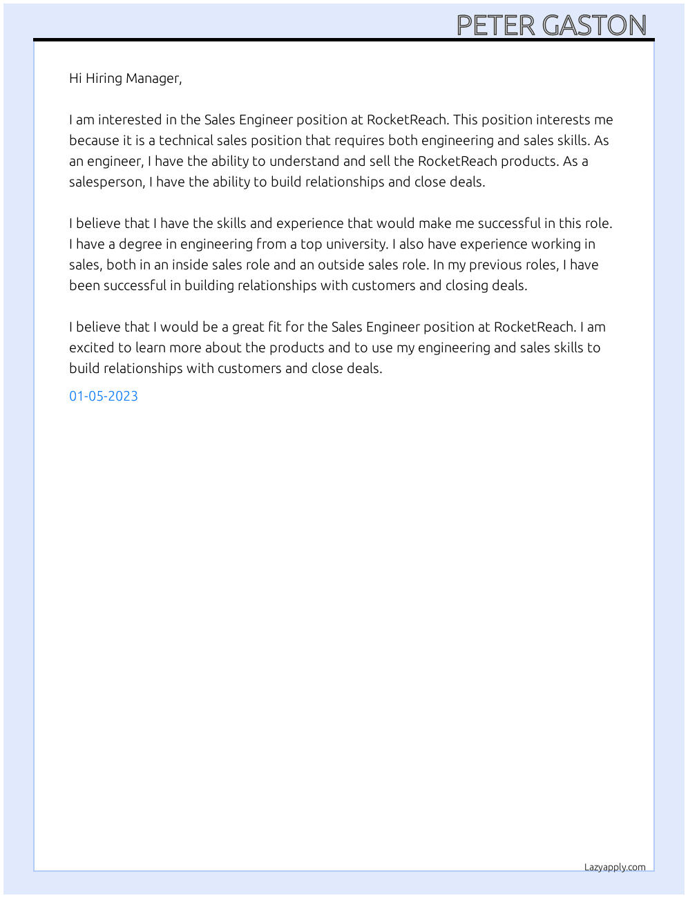 Sales Engineer At  RocketReach Cover Letter