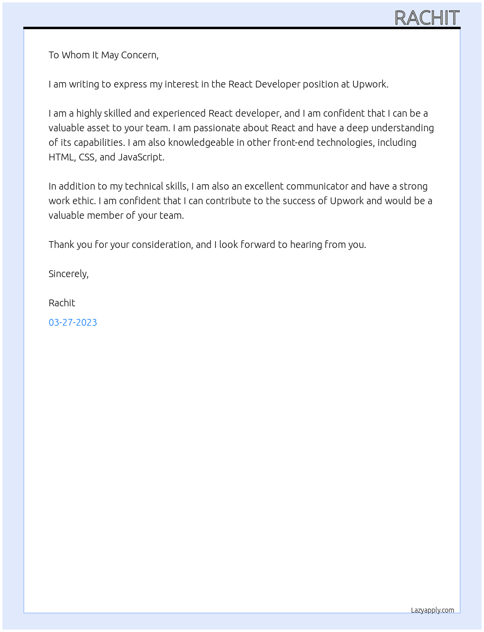 react developer At upwork Cover Letter