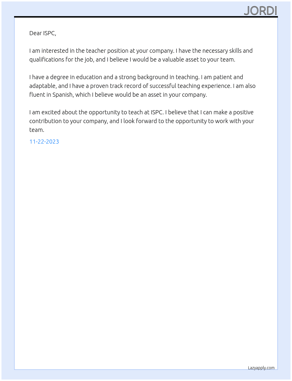 Teatcher At ISPC Cover Letter
