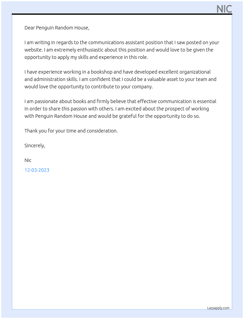 communications assistant At pengiun random house Cover Letter