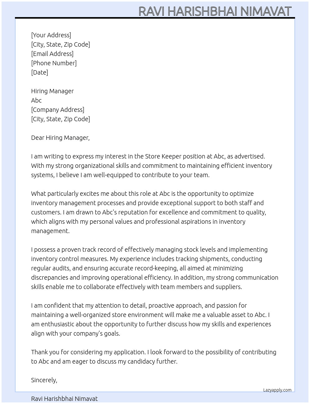 Store keeper  At Abc Cover Letter