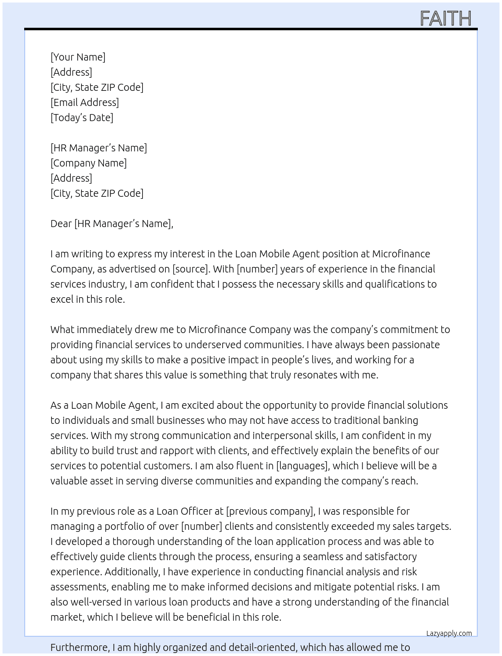 Loan mobile agent  At Microfinance company  Cover Letter