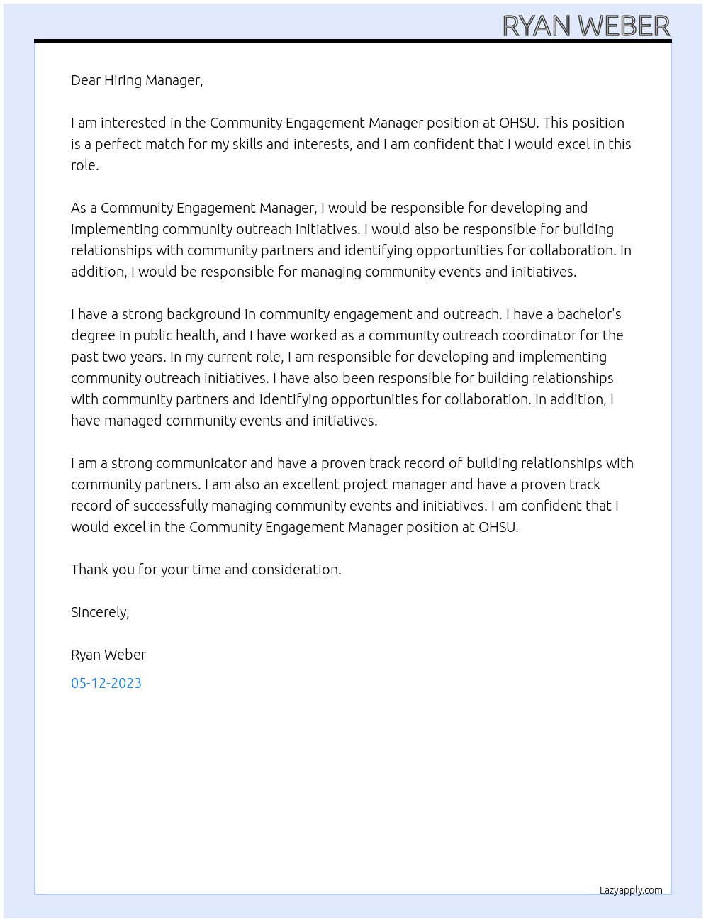 Community Engagement Manager At OHSU Cover Letter